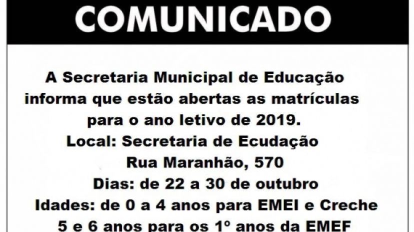 Matriculas abertas para 2019