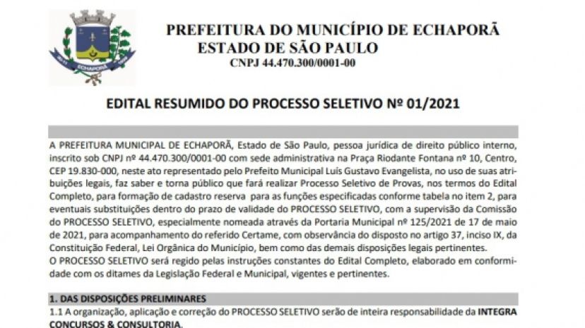 Edital resumido do processo seletivo nº01/2021