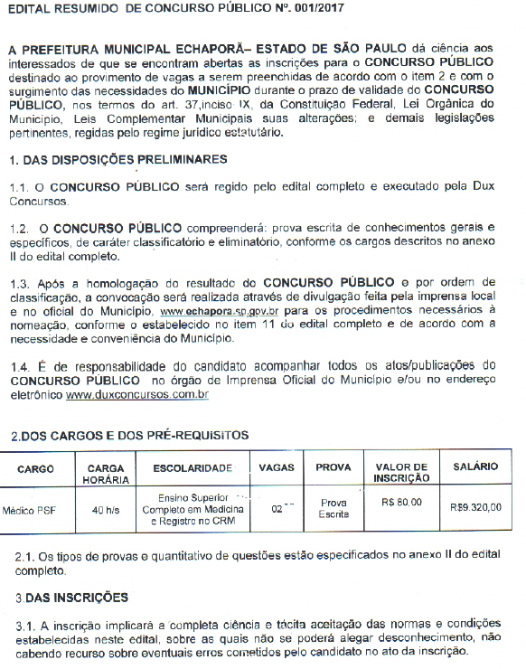 Edital de concurso Publico 001-2017- Medico PSF