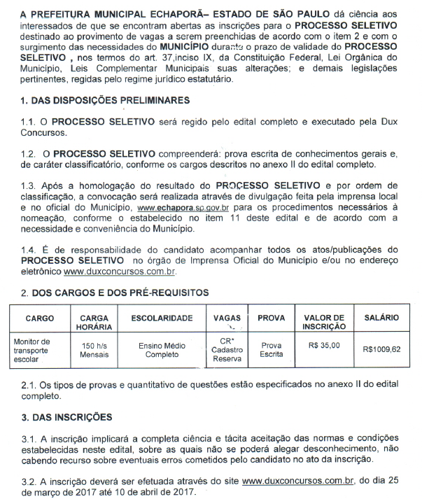 Processo Seletivo Educação 2017 - Monitor Transporte Escolar